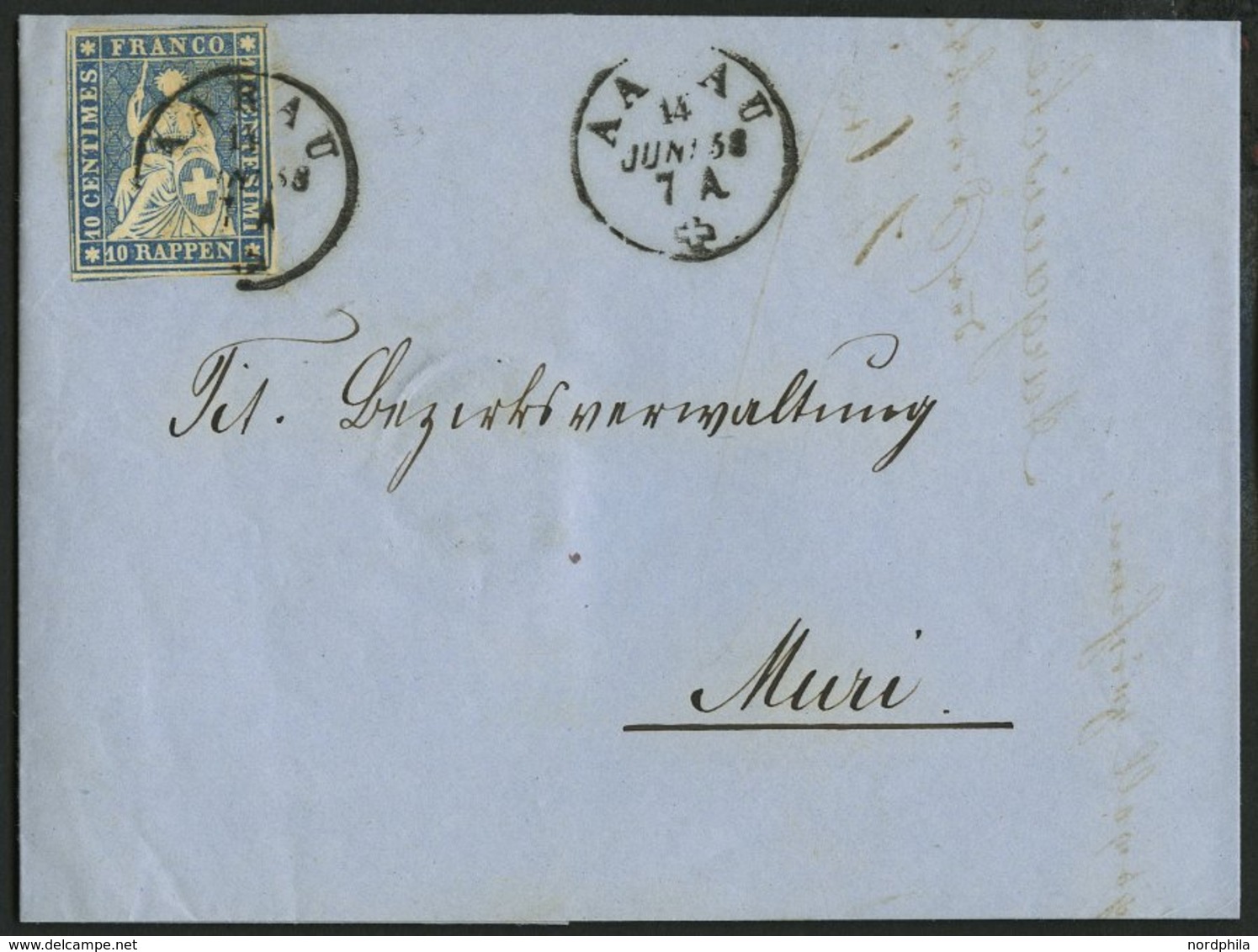 SCHWEIZ BUNDESPOST 14IIByo BRIEF, 1858, 10 Rp. Lebhaftblau, Dunkelroter Seidenfaden, Berner Druck I, (Zst. 23C), Vollran - 1843-1852 Poste Federali E Cantonali