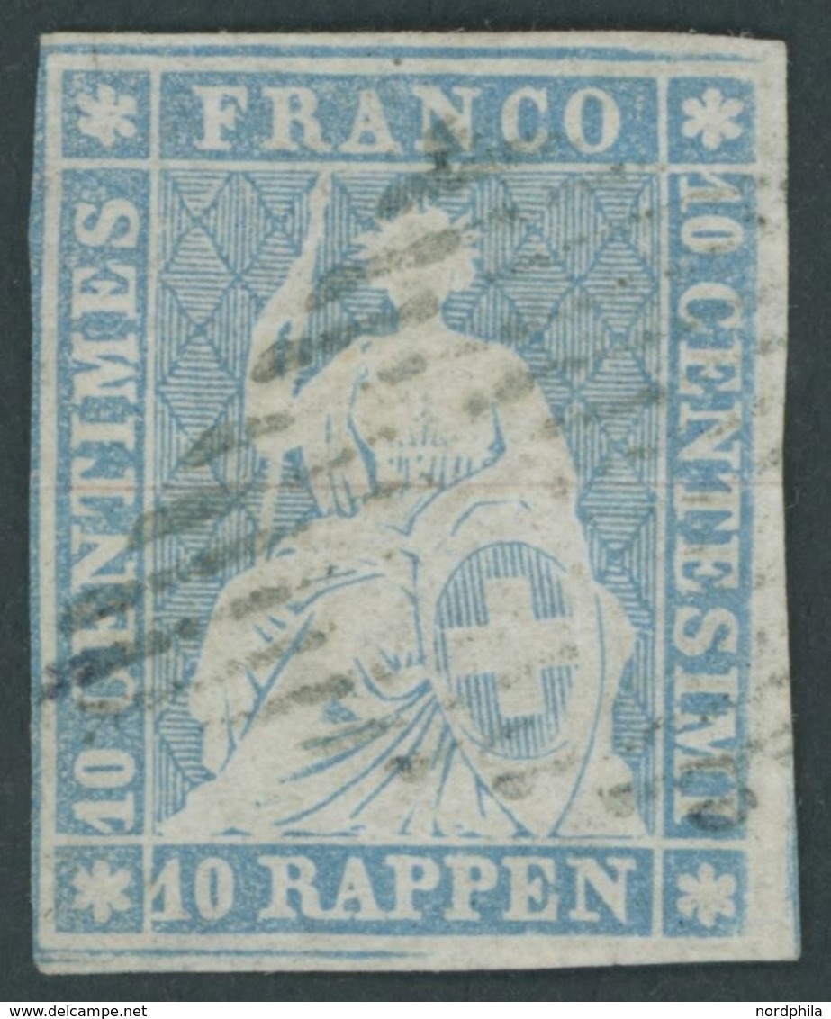 SCHWEIZ BUNDESPOST 14IIBzo O, 1856, 10 Rp. Grünlichblau, Seidenpapier, Berner Druck II, (Zst. 23E), Links Berührt, Eckbu - 1843-1852 Federal & Cantonal Stamps