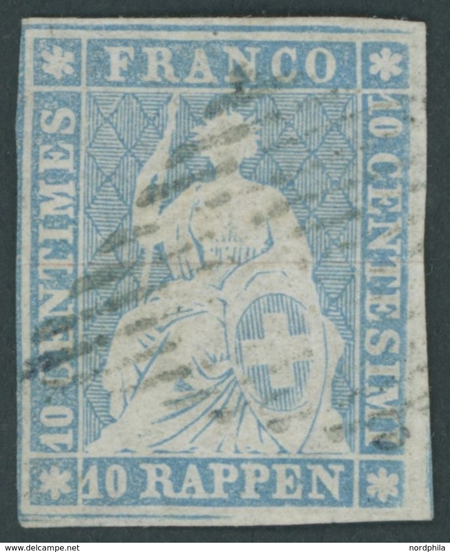 SCHWEIZ BUNDESPOST 14IIBzo O, 1856, 10 Rp. Grünlichblau, Seidenpapier, Berner Druck II, (Zst. 23E), Links Berührt, Eckbu - 1843-1852 Kantonalmarken Und Bundesmarken