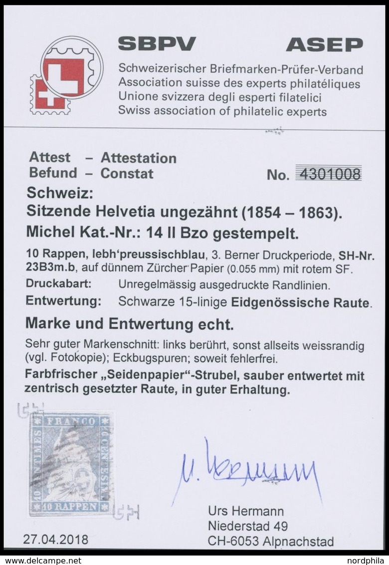 SCHWEIZ BUNDESPOST 14IIBzo O, 1856, 10 Rp. Grünlichblau, Seidenpapier, Berner Druck II, (Zst. 23E), Links Berührt, Eckbu - 1843-1852 Kantonalmarken Und Bundesmarken