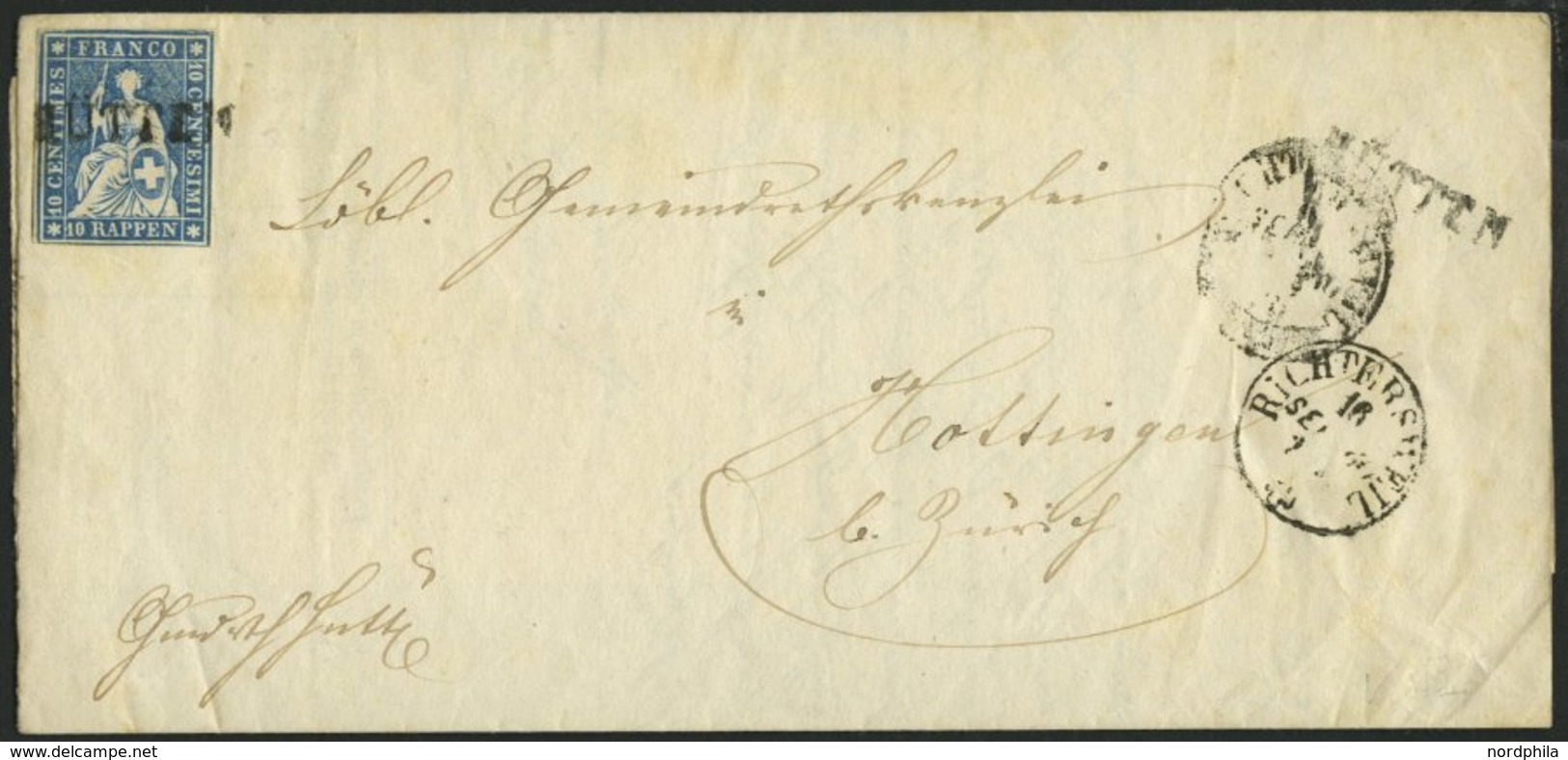 SCHWEIZ BUNDESPOST 14IIBym BRIEF, 1860, 10 Rp. Lebhaftblau, Berner Druck III, (Zst. 23G), Dreiseitig Vollrandig Auf Prac - 1843-1852 Timbres Cantonaux Et  Fédéraux