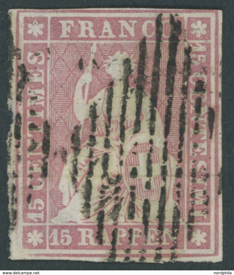 SCHWEIZ BUNDESPOST 15Ib O, 1854, 15 Rp. Hellilakarmin, 2. Münchner Druck, (Zst. 24A), Seidenfaden Ausgezogen Sonst Prach - 1843-1852 Kantonalmarken Und Bundesmarken