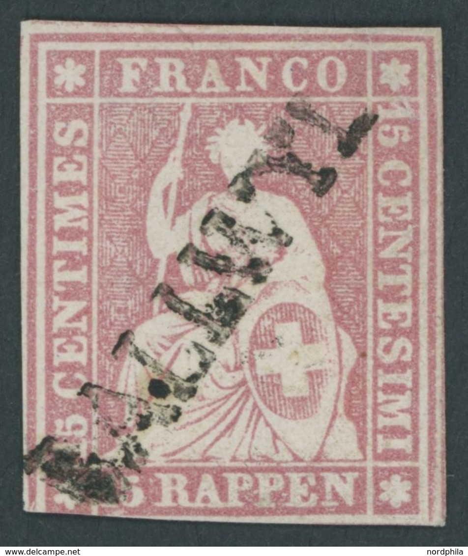 SCHWEIZ BUNDESPOST 15IIByp O, 1857, 15 Rp. Rosa, Blauer Seidenfaden, Berner Druck II, (Zst. 24D), L1 BALLWYL, Unten Besc - 1843-1852 Kantonalmarken Und Bundesmarken