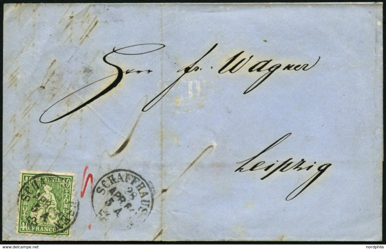 SCHWEIZ BUNDESPOST 26 BRIEF, 1864, 40 C. Grün Auf Prachtbrief Von SCHAFFHAUSEN Nach Leipzig - 1843-1852 Poste Federali E Cantonali