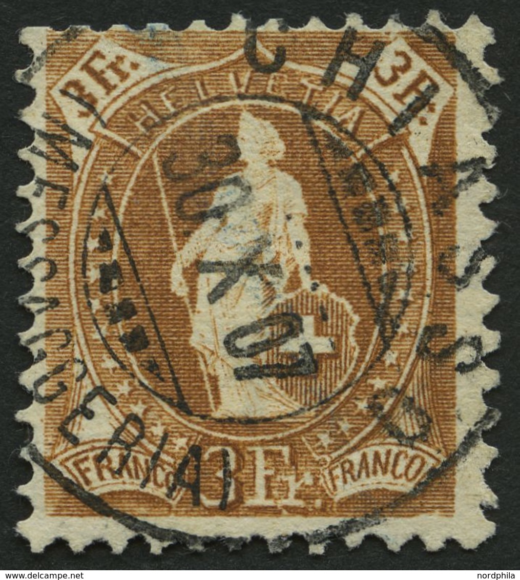 SCHWEIZ BUNDESPOST 80D O, 1905, 3 Fr. Gelbbraun, Gezähnt K 111/2:12, Kleine Helle Stelle, Feinst, Mi. 350.- - 1843-1852 Federal & Cantonal Stamps
