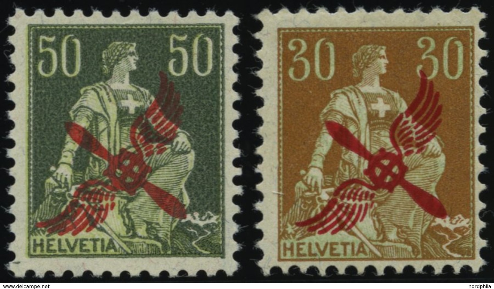 SCHWEIZ BUNDESPOST 145,152 *, 1919/20, 50 Und 30 C. Flugpost, Falzreste, Feinst/Pracht - 1843-1852 Federal & Cantonal Stamps