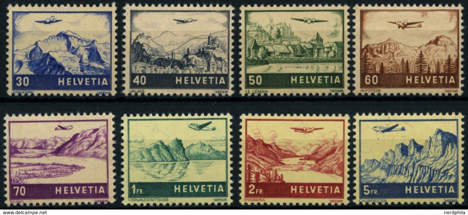 SCHWEIZ BUNDESPOST 387-94 **, 1941, Flugzeug über Landschaften, Prachtsatz, Mi. 100.- - 1843-1852 Federal & Cantonal Stamps