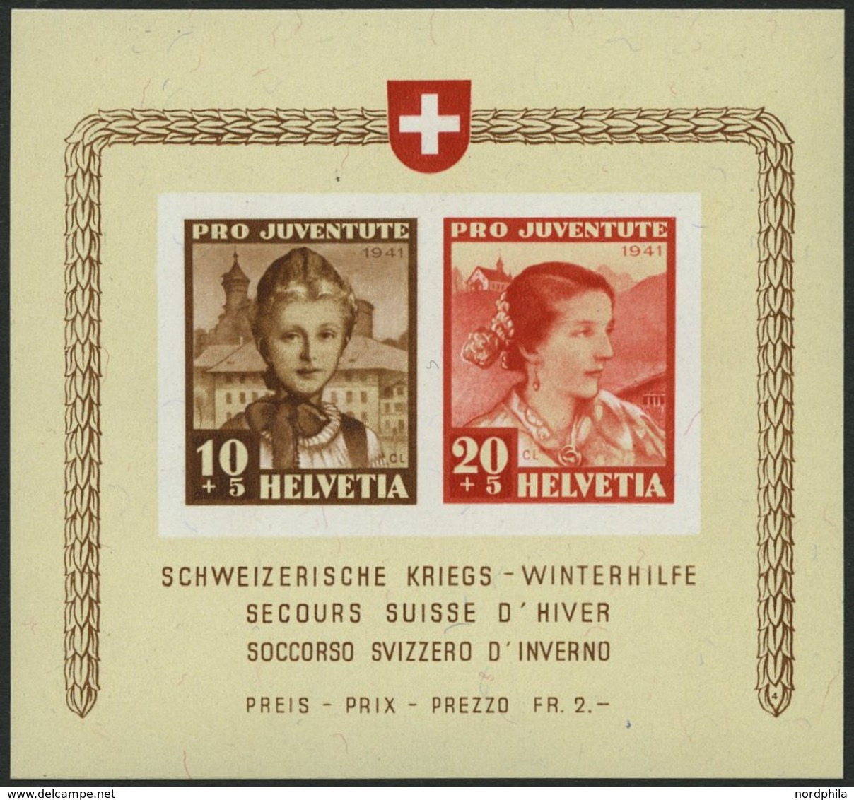 SCHWEIZ BUNDESPOST Bl. 6 **, 1941, Block Kriegs-Winterhilfe, Pracht, Mi. 140.- - 1843-1852 Poste Federali E Cantonali