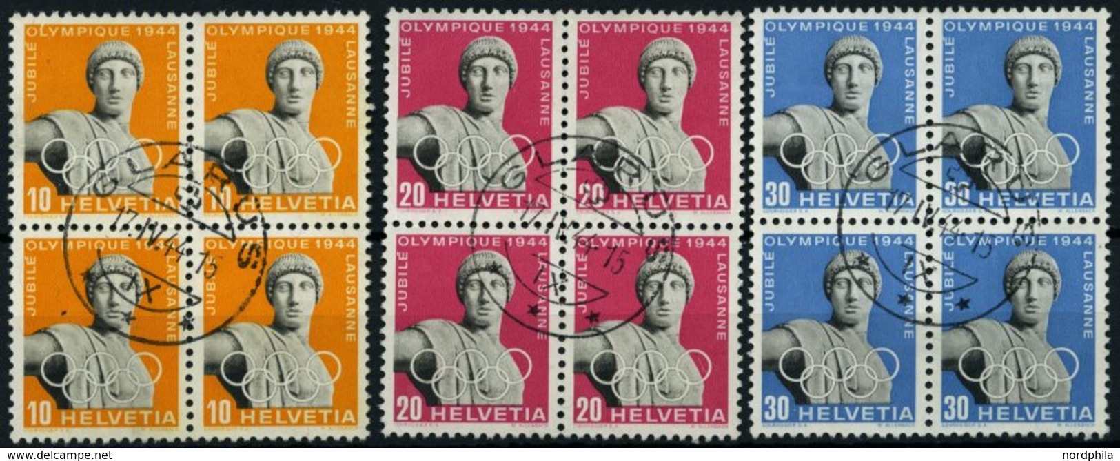 SCHWEIZ BUNDESPOST 428-30x VB O, 1944, Olympische Spiele, Längere Fasern, In Zentrisch Gestempelten Viererblocks, Pracht - 1843-1852 Federal & Cantonal Stamps