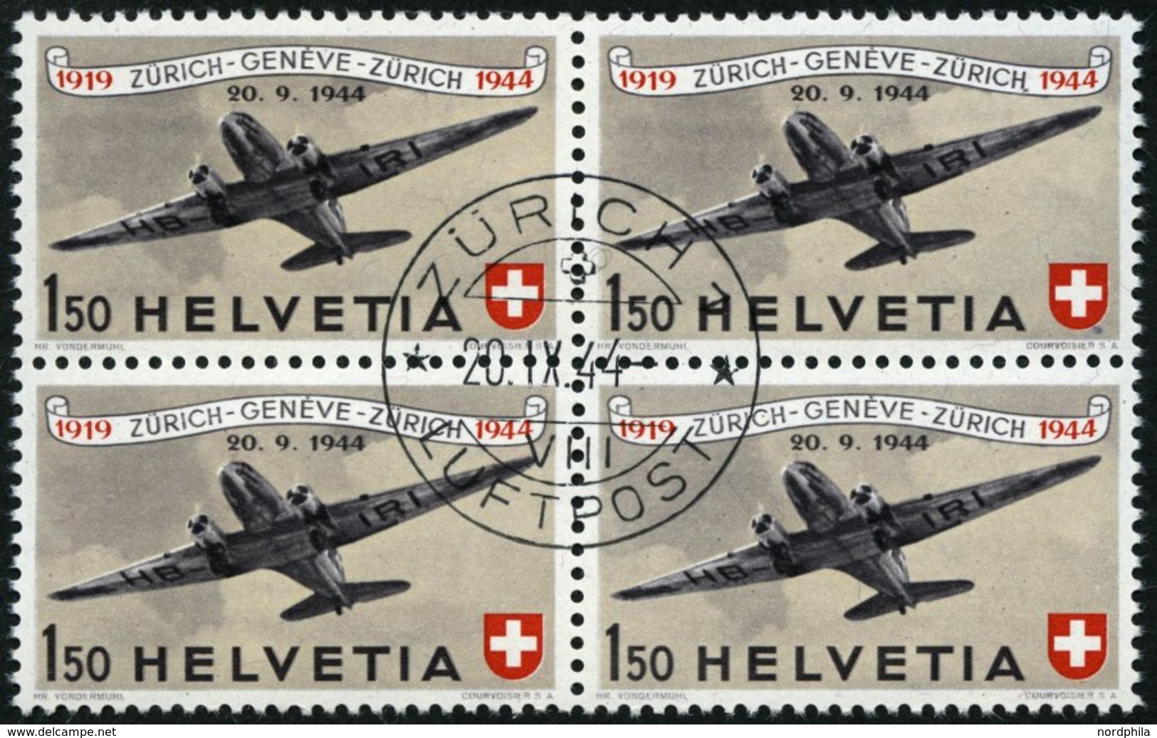 SCHWEIZ BUNDESPOST 438 VB O, 1944, 1.50 Fr. 25 Jahre Flugpost Im Zentrisch Gestempelten Viererblock, Pracht - 1843-1852 Federal & Cantonal Stamps