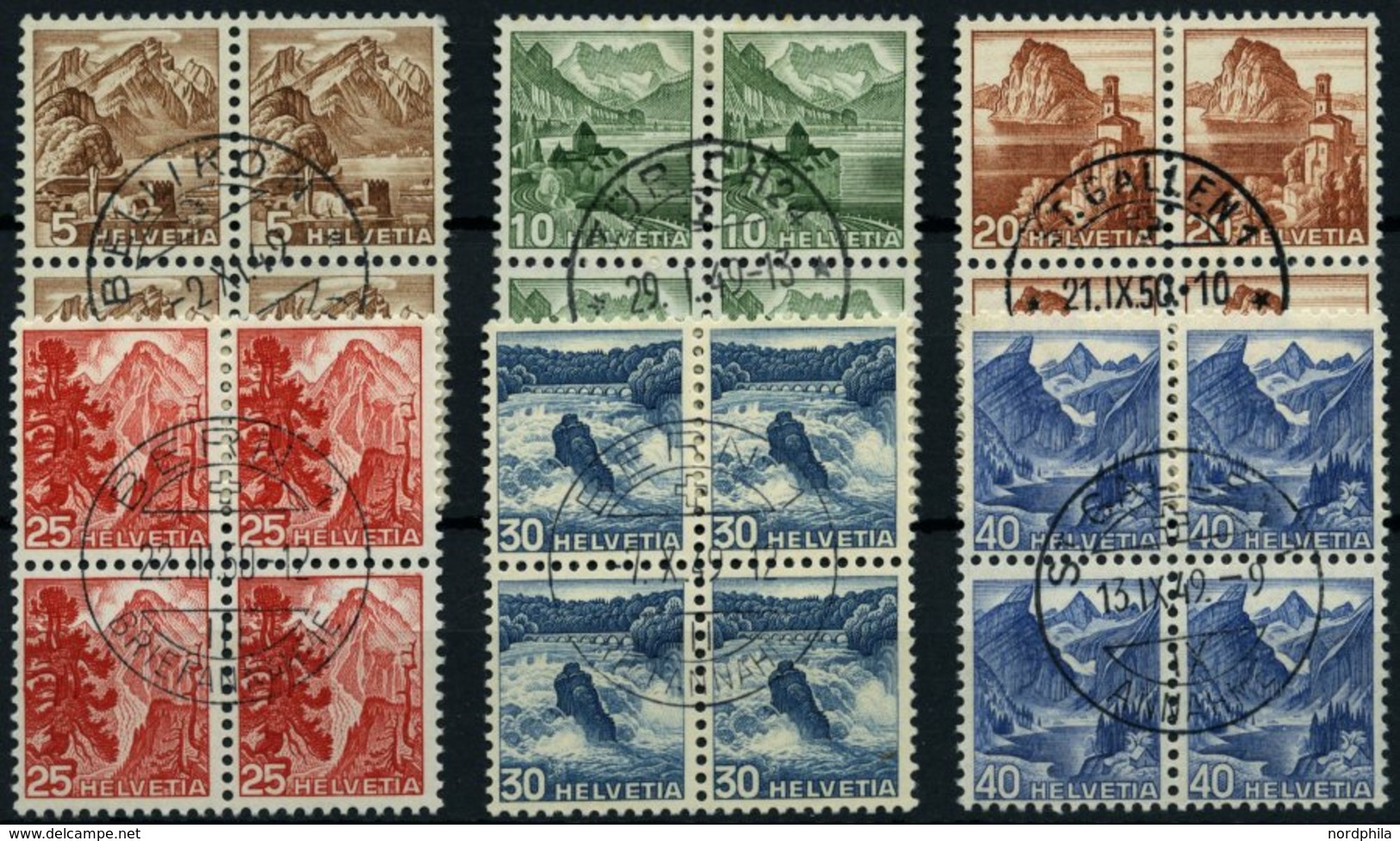 SCHWEIZ BUNDESPOST 500-05 VB O, 1948, Landschaften In Zentrisch Gestempelten Viererblocks, Prachtsatz - 1843-1852 Federal & Cantonal Stamps