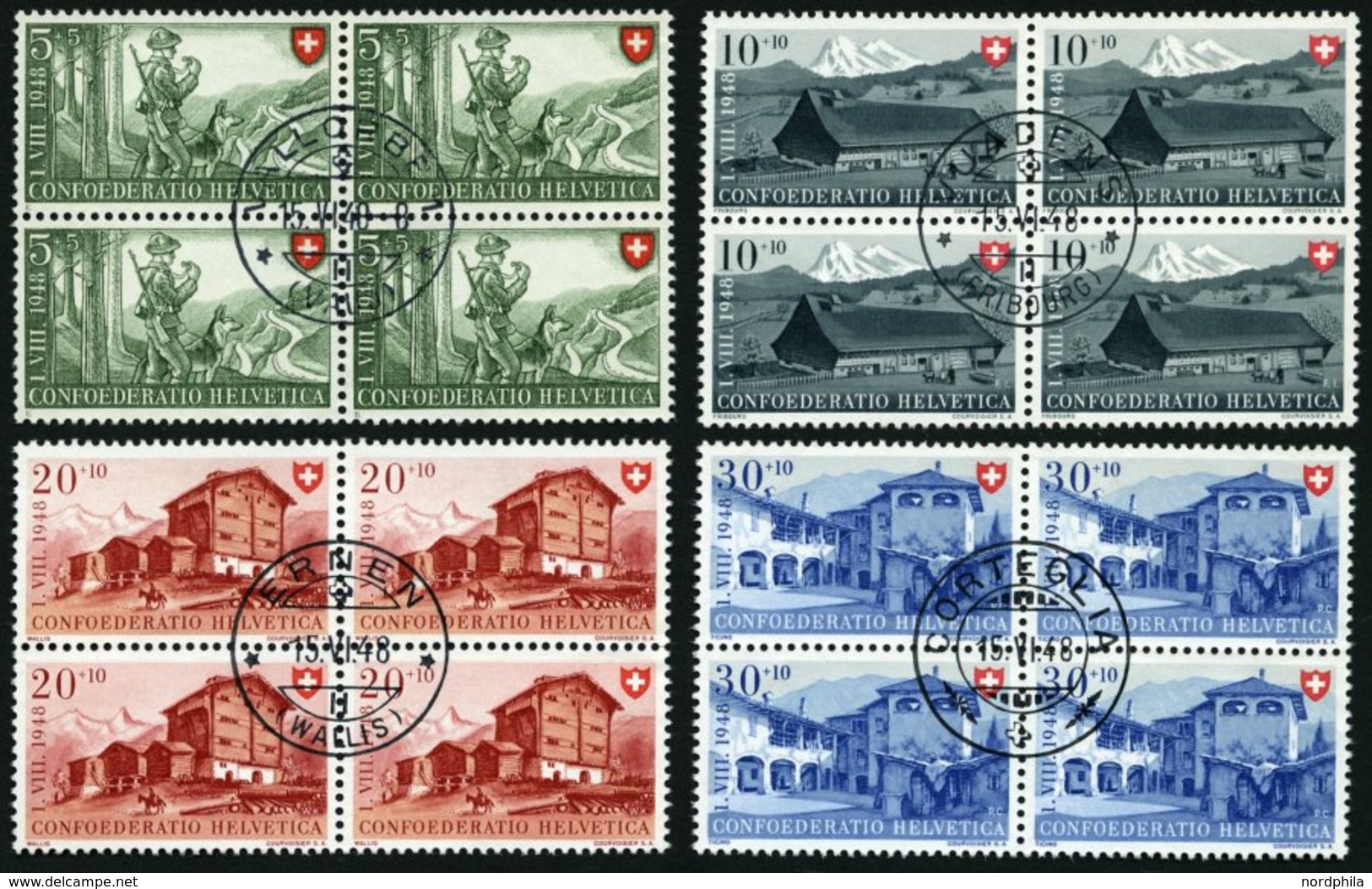 SCHWEIZ BUNDESPOST 508-11 VB O, 1948, Pro Patria In Viererblocks Mit Zentrischen Ersttagsstempeln, Prachtsatz - 1843-1852 Federal & Cantonal Stamps