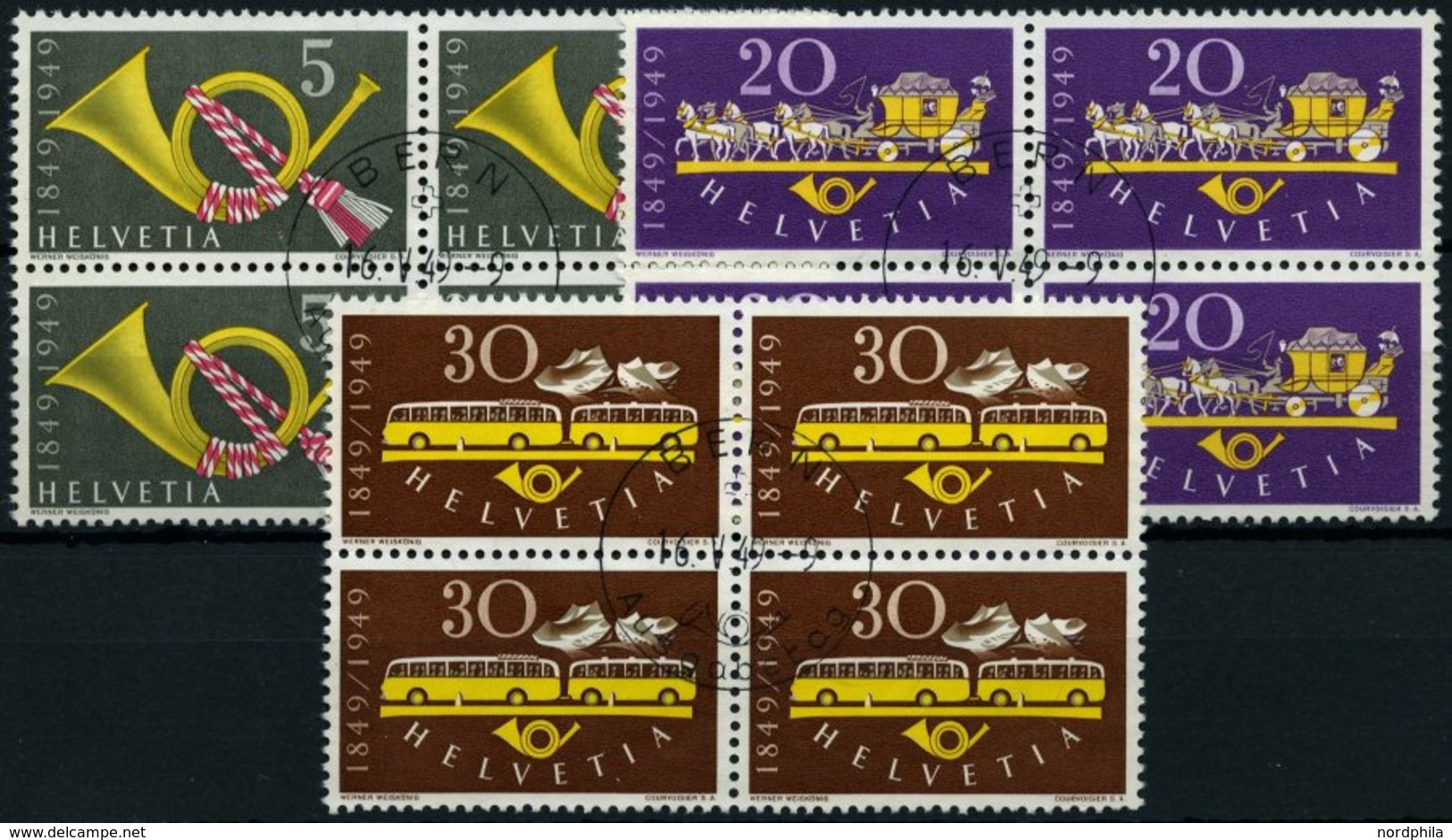 SCHWEIZ BUNDESPOST 519-21 VB O, 1949, Eidgenössische Post In Viererblocks Mit Zentrischen Ersttagsstempeln, Prachtsatz - 1843-1852 Federal & Cantonal Stamps