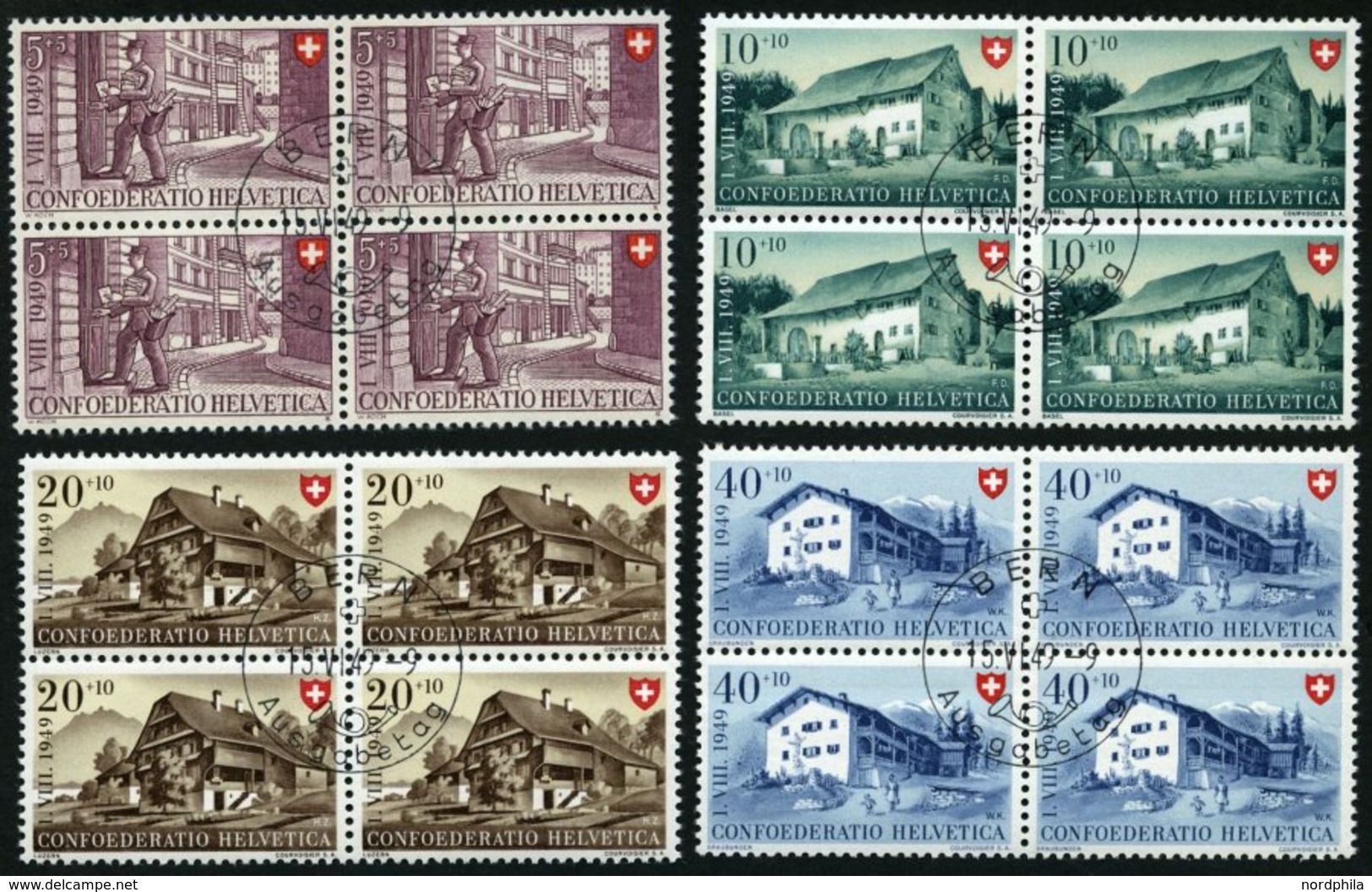 SCHWEIZ BUNDESPOST 525-28 VB O, 1949, Pro Patria In Viererblocks Mit Zentrischen Ersttagsstempeln, Prachtsatz - 1843-1852 Federal & Cantonal Stamps