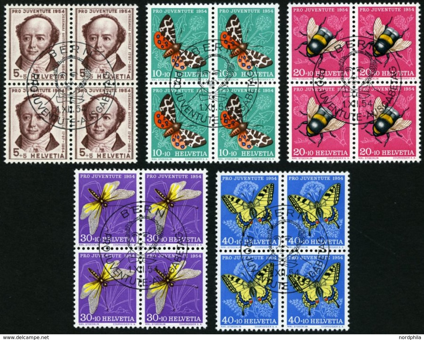 SCHWEIZ BUNDESPOST 602-06 VB O, 1954, Pro Juventute In Viererblocks Mit Zentrischen Ersttagsstempeln, Prachtsatz - 1843-1852 Federal & Cantonal Stamps