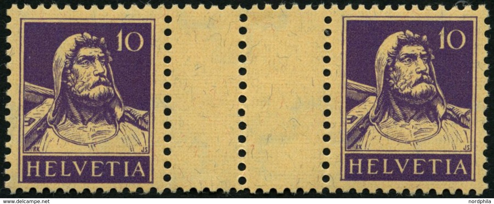 ZUSAMMENDRUCKE WZ 30zC *, 1930, Tellbrustbild 10 + Z + 10, Geriffelter Gummi, Zwischensteg Senkrecht Gezähnt, Linke Mark - Zusammendrucke