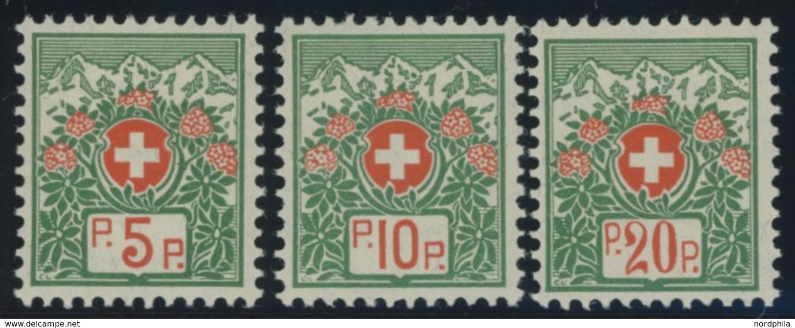 PORTOFREIHEITSMARKEN Pf 11-13II *, 1927, 5 - 20 C. Alpenrose, Faserpapier, Ohne Kontrollnummer, Falzreste, Prachtsatz - Franchigia