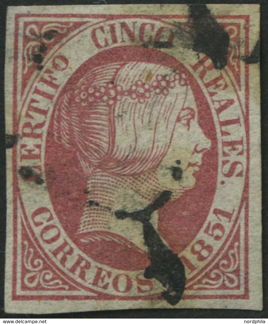 SPANIEN 9 O, 1851, 5 R. Rosa, Pracht, Signiert Zumstein, Mi. 280.- - Other & Unclassified