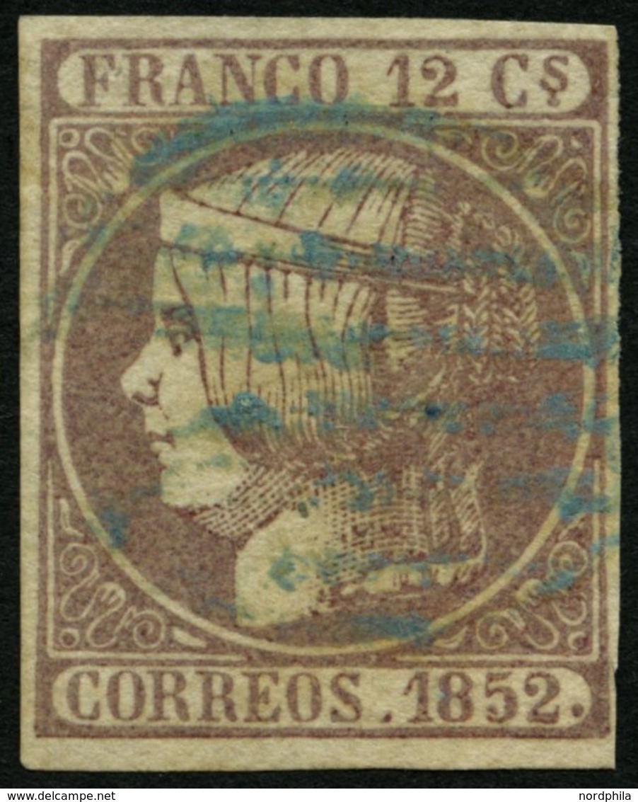 SPANIEN 13 O, 1852, 12 Cs. Lila, Blauer Stempel, Pracht, Gepr. Pfenninger, Mi. 150.- - Autres & Non Classés