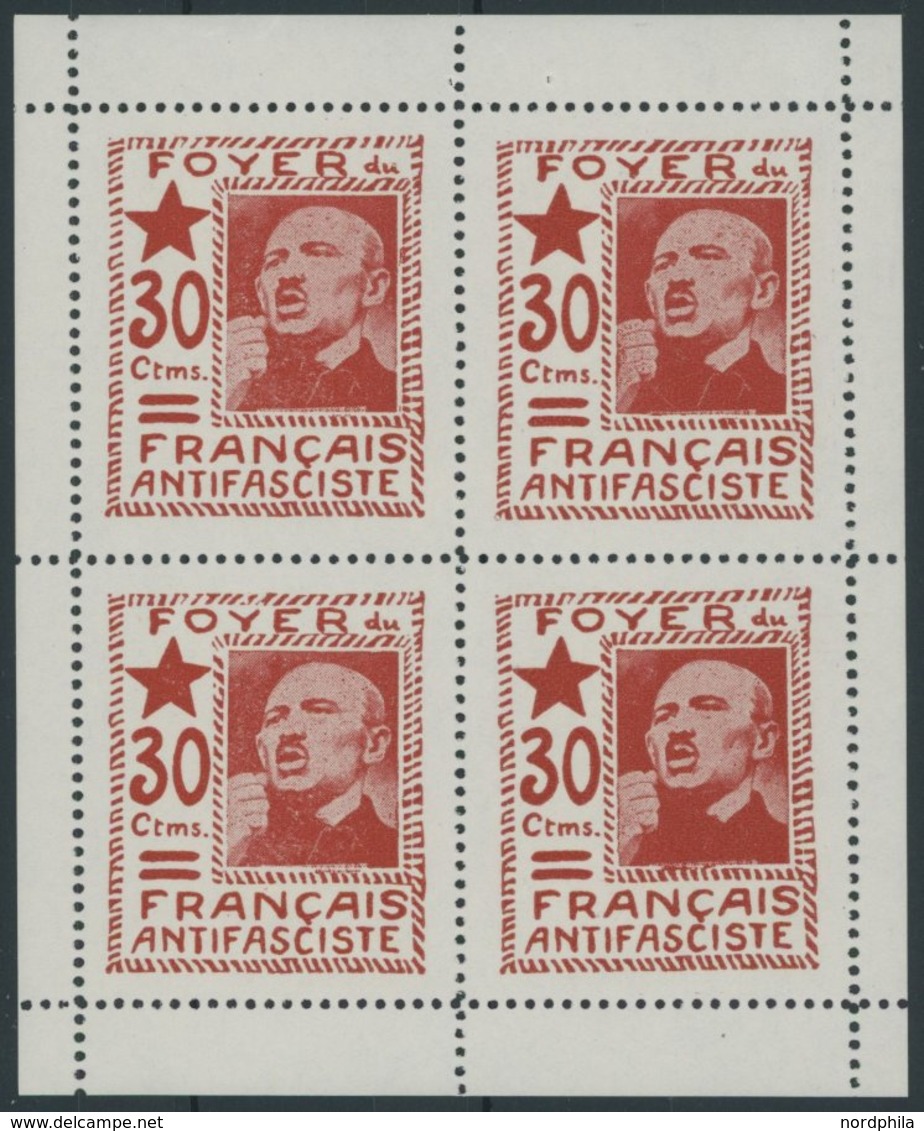 LOKALAUSGABEN VB **, 1937, 30 C. Rot Foyer Du Français Antifasciste ím Postfrischen Kleinbogen (4), Pracht - Autres & Non Classés