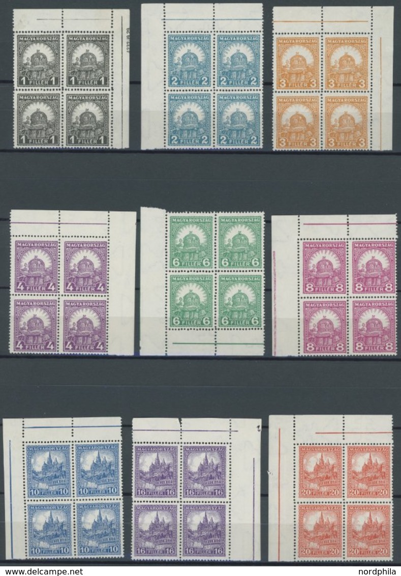 UNGARN 441-49B VB **, 1928/30, Stephanskrone Und Fischerbastei, Gezähnt 15, In Eckrandviererblocks, Postfrisch, Pracht,  - Other & Unclassified