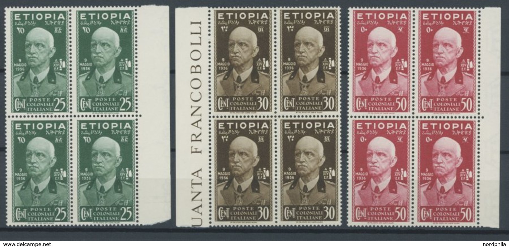 ÄTHIOPIEN 3-5 VB **, Italienisch-Äthiopien: 1936, 25 - 50 C. Kaiser Viktor Emanuel III In Postfrischen Randviererblocks, - Etiopia