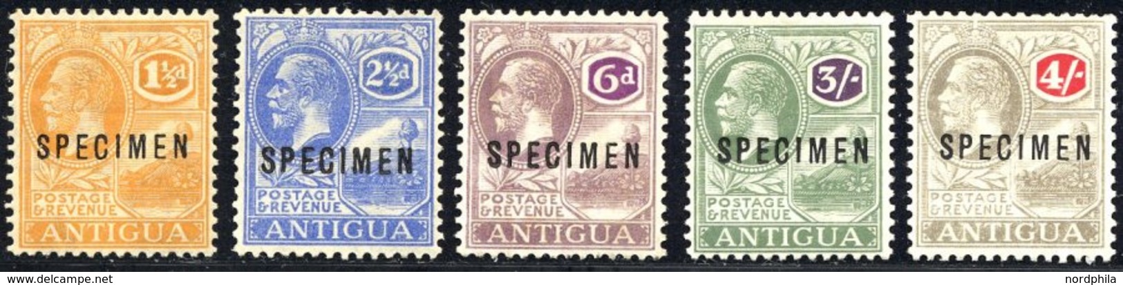 ANTIGUA 48,52,5,9,60Sp *, 1922/7, 11/2, 21/2, 6 P., 3 Und 4 Sh. König Georg V, Wz. CA Schreibschrift, Aufdruck SPECIMEN, - Antigua Und Barbuda (1981-...)