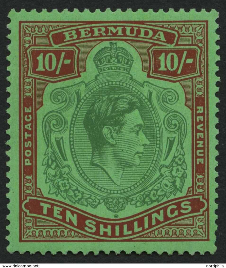 BERMUDA-INSELN 114a *, 1938, 10 Sh. Dunkelbraunrot/grün Auf Grün, Gezähnt 14, (SG 119), Pracht - Bermudas