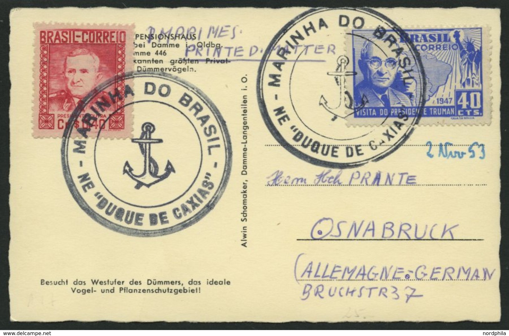 BRASILIEN 717,719 BRIEF, Ansichtskarte Mit Sonderstempel MARINHA DO BRASIL, Nach Deutschland, Vorderseitig Aufgeklebter  - Altri & Non Classificati