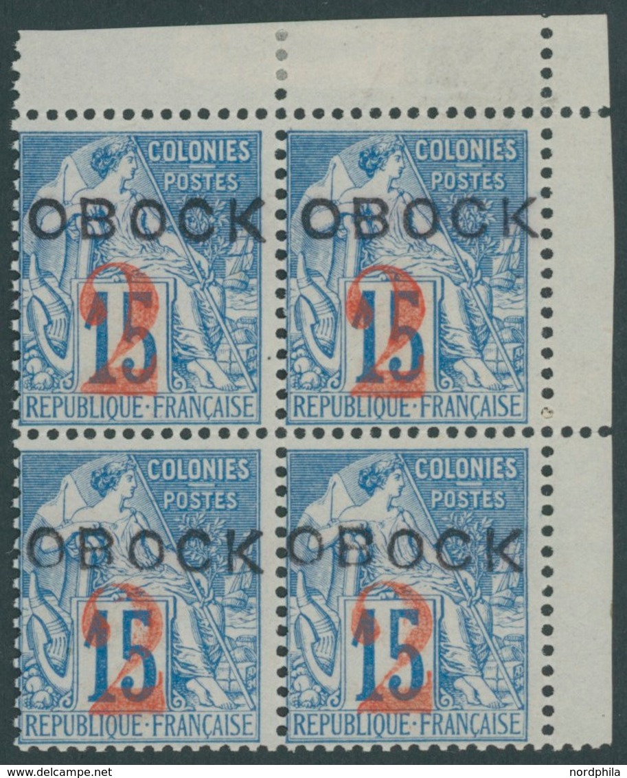 DSCHIBUTI 15 VB **, 1892, 2 C. Auf 15 C. Hellblau Im Postfrischen Viererblock, Falzrest Im Oberrand, Pracht - Djibouti (1977-...)