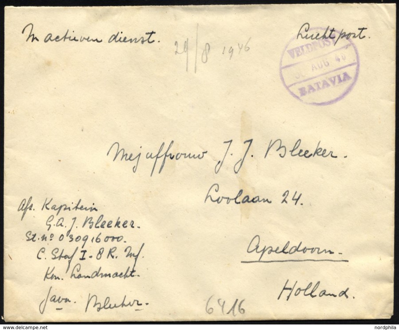 NIEDERLÄNDISCH-INDIEN 1946, Violetter K1 VELDPOST/Datum/BATAVIA Und Handschriftlicher Vermerk In Active Dienst Auf Luft- - Niederländisch-Indien