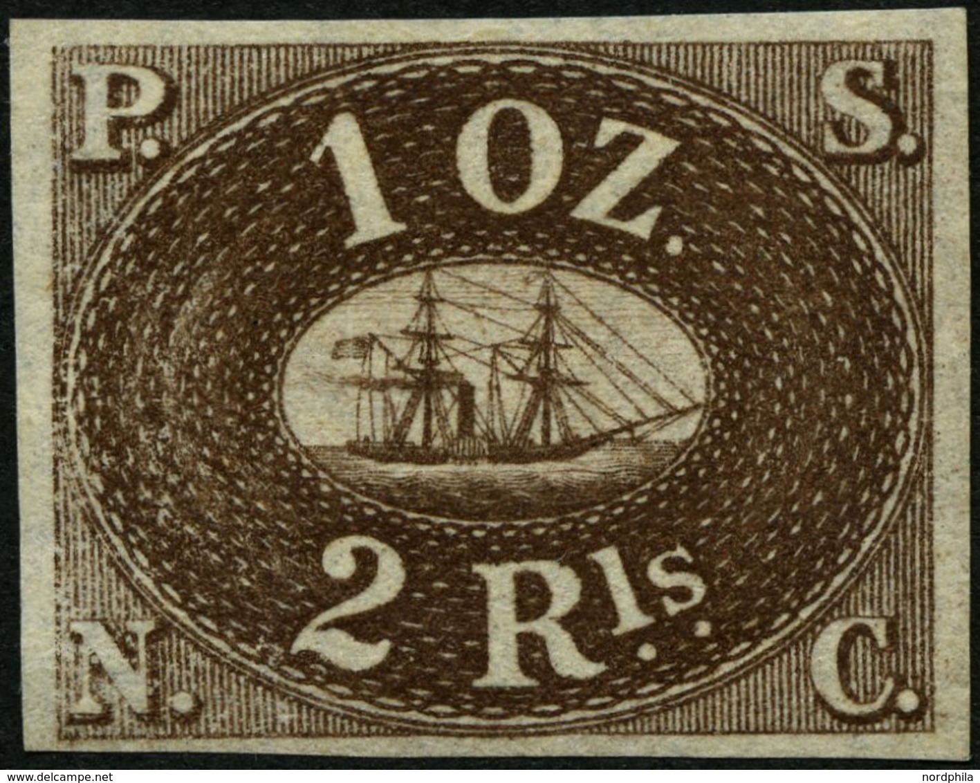 PERU 2P (*), 1857, 2 R., Probedruck In Dunkelbraun, Ohne Gummi, Pracht - Pérou