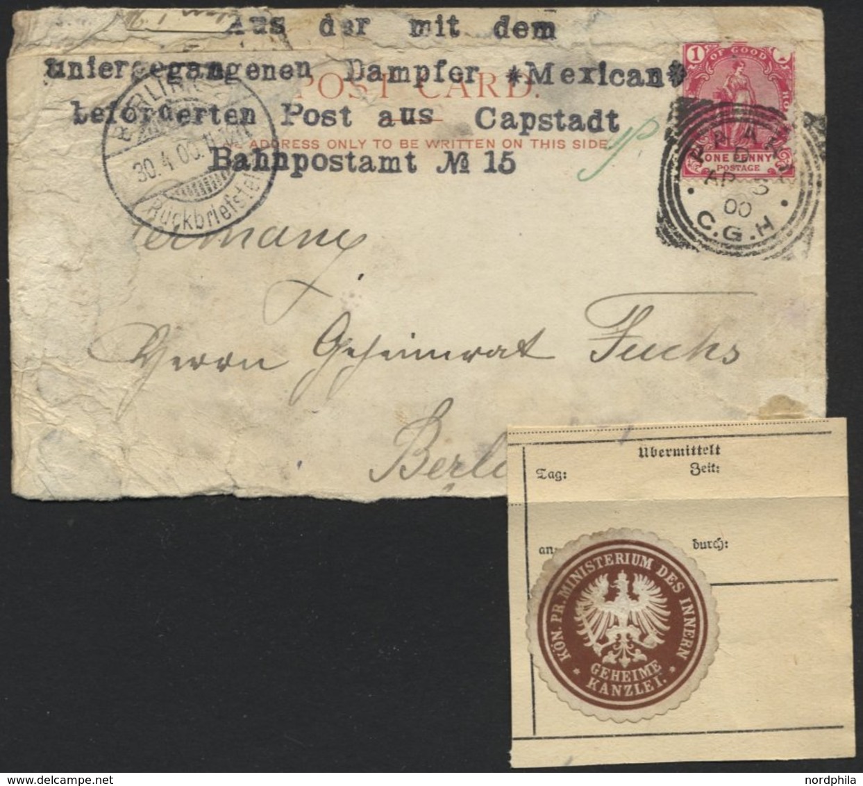 KAP DER GUTEN HOFFNUNG 41 BRIEF, 1900, Ansichtskarte Nach Berlin Von Dem Britischen Dampfer MEXICAN, Der Nach Einem Zusa - Cabo De Buena Esperanza (1853-1904)