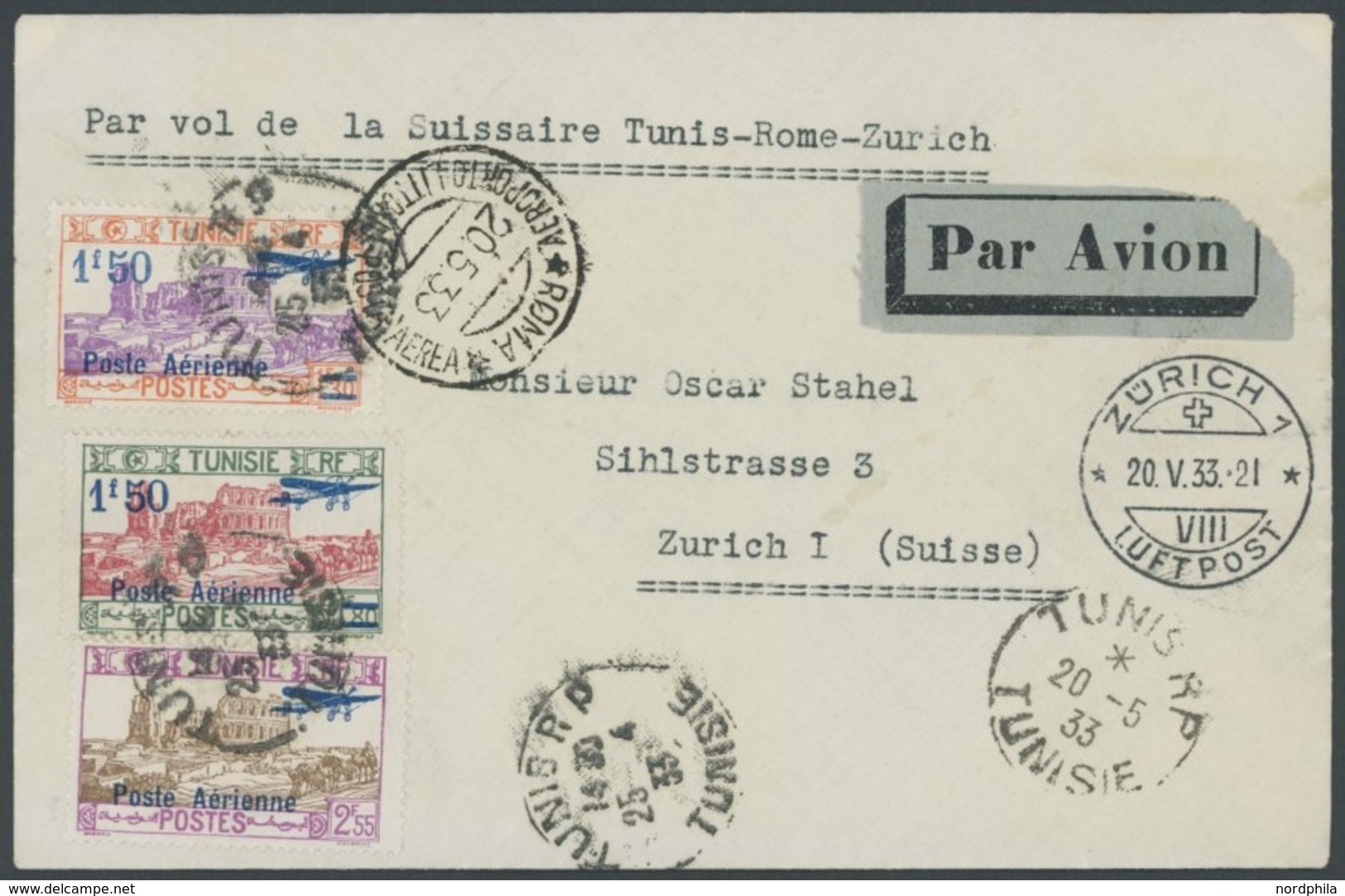 TUNESIEN 160,168/9 BRIEF, 1933, Luftpostbrief Mit Der Route Suissaire Tunis - Rome - Zürich Nach Zürich Befördert, Prach - Tunisia (1956-...)