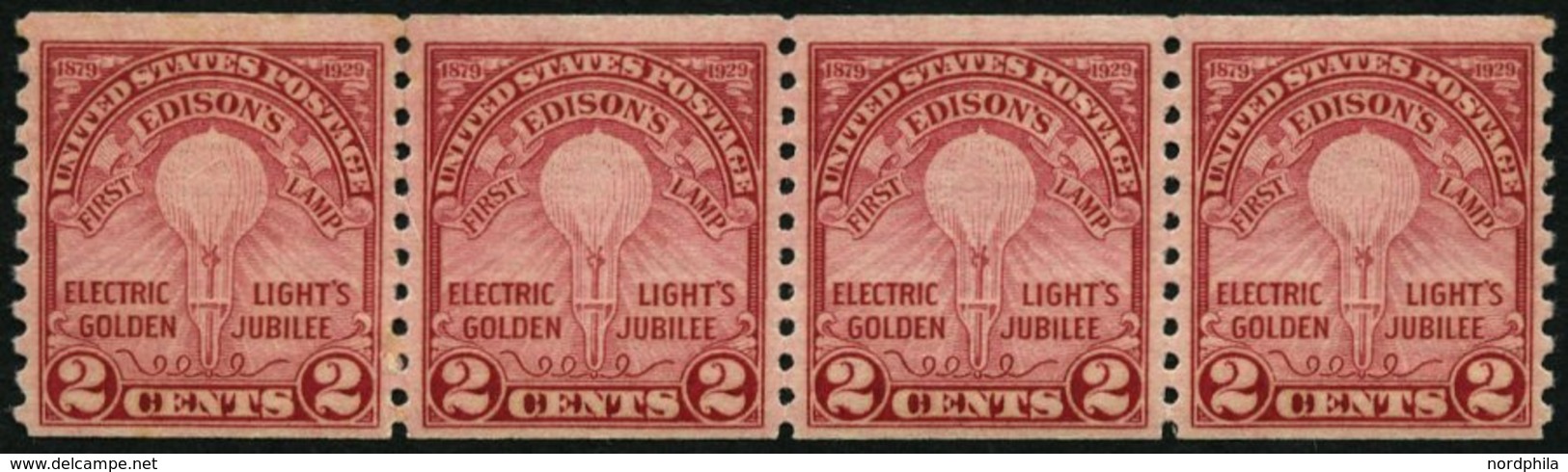 USA 317D **, Scott 656, 1929, 2 C. Edison, Senkrecht Gezähnt 10, Im Waagerechten Viererstreifen, Postfrisch, Pracht, $ 9 - Altri & Non Classificati