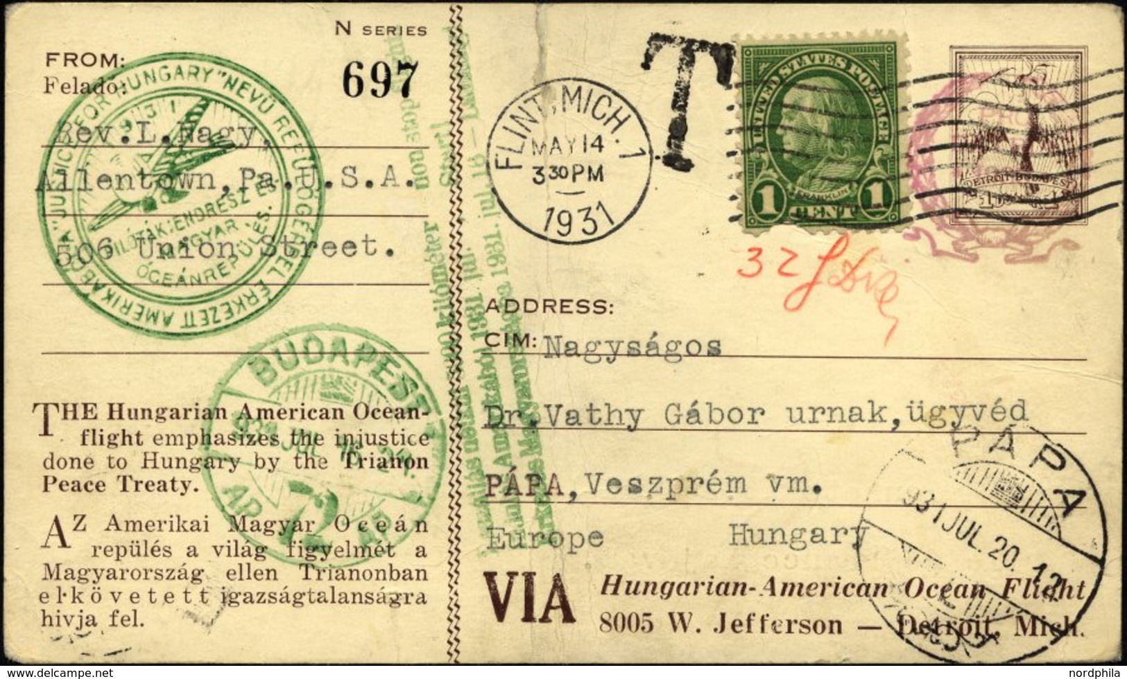 US-FLUGPOST 16.7.1931, Endres-Flug NEW YORK - BUDAPEST, 1 $ Private Sonderkarte Und 1 C. Zusatzfrankatur, Grüner Sonders - 1c. 1918-1940 Briefe U. Dokumente