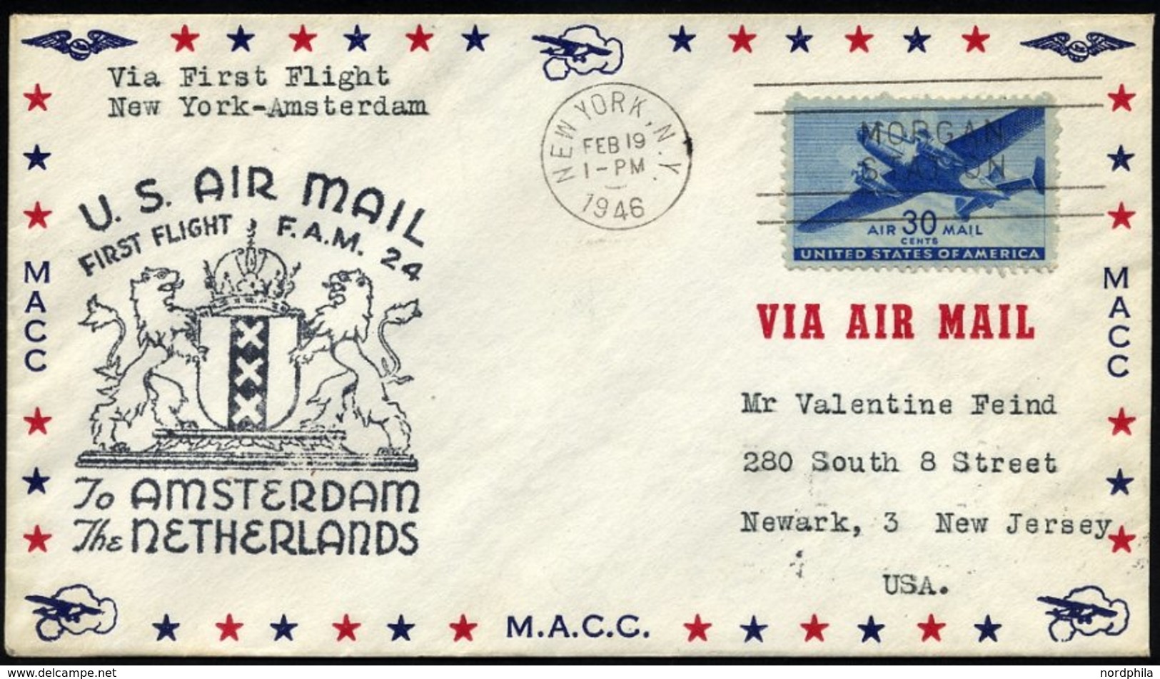 US-FLUGPOST 19.2.1946, Erstflug NEW YORK-AMSTERDAM, Prachtbrief, Müller 507 - 1c. 1918-1940 Cartas & Documentos