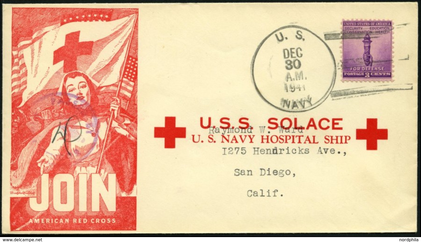 FELDPOST 1941, Offizieller Umschlag Des Hospitalschiffes U.S.S. SOLACE Mit K1 U.S. NAVAY Und Zensurstempel, Pracht - Altri & Non Classificati