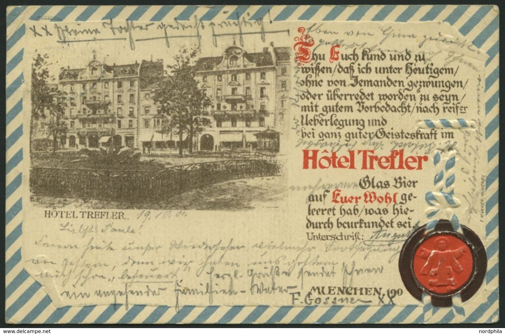 DEUTSCHLAND ETC. MÜNCHEN, Werbekarte Vom Hotel Trefler, Karte Von 1901, Gebraucht - Altri & Non Classificati