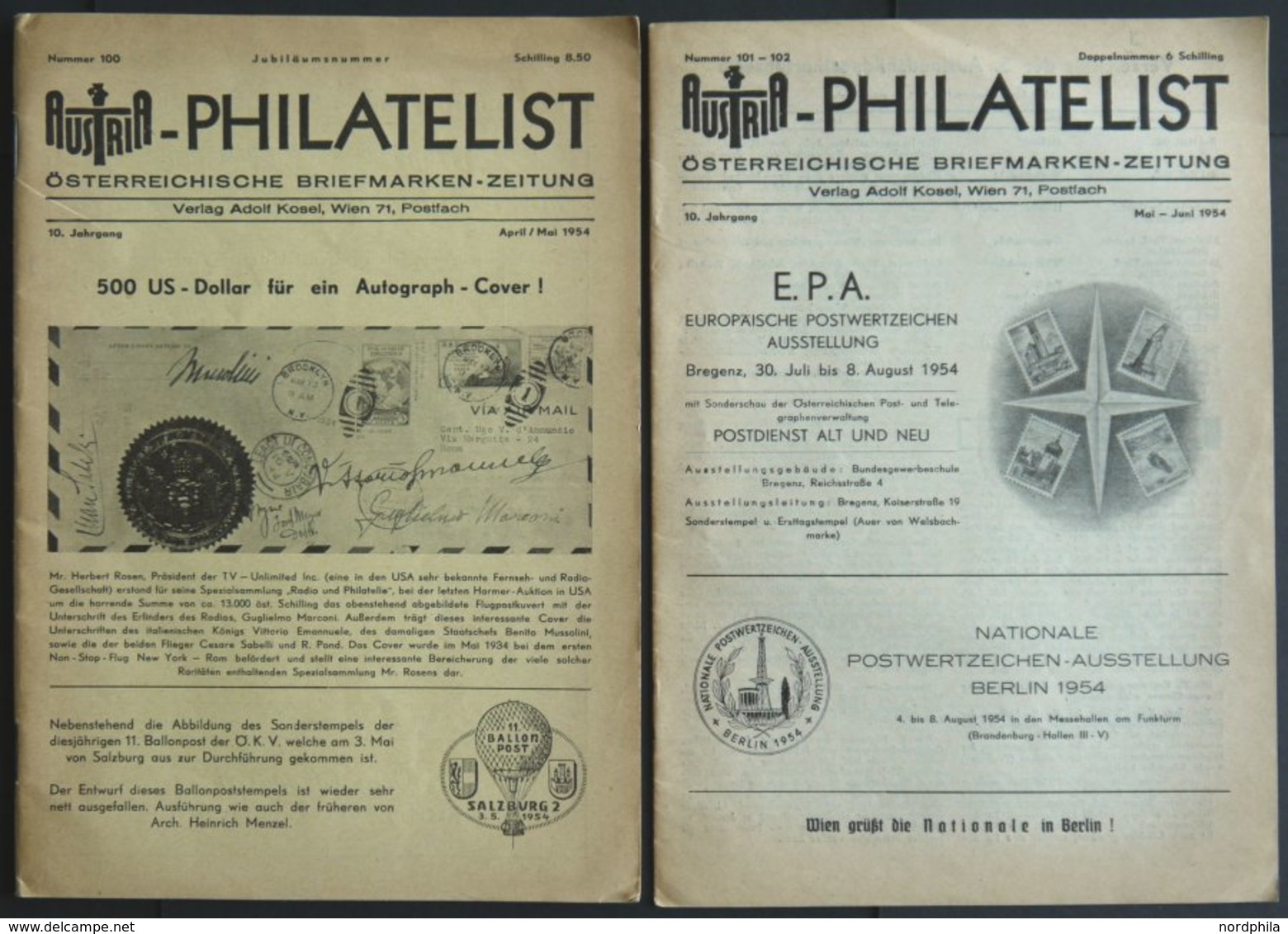 PHIL. LITERATUR Austria-Philatelist, 2 Hefte Nr. 100 Und 101-102, April/Mai Und Mai-Juni 1954, Adolf Kosel Verlag, Mit V - Philately And Postal History