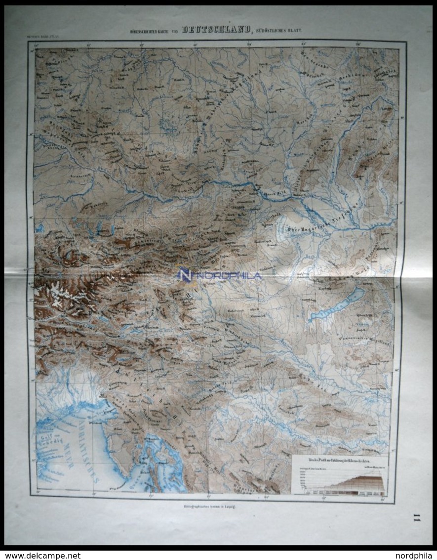 Deutschland, Der Südöstliche Teil, Oro-Hydrographische Karte, Kolorierter Stahlstich Aus Meyers Hand-Atlas, 1875 - Other & Unclassified