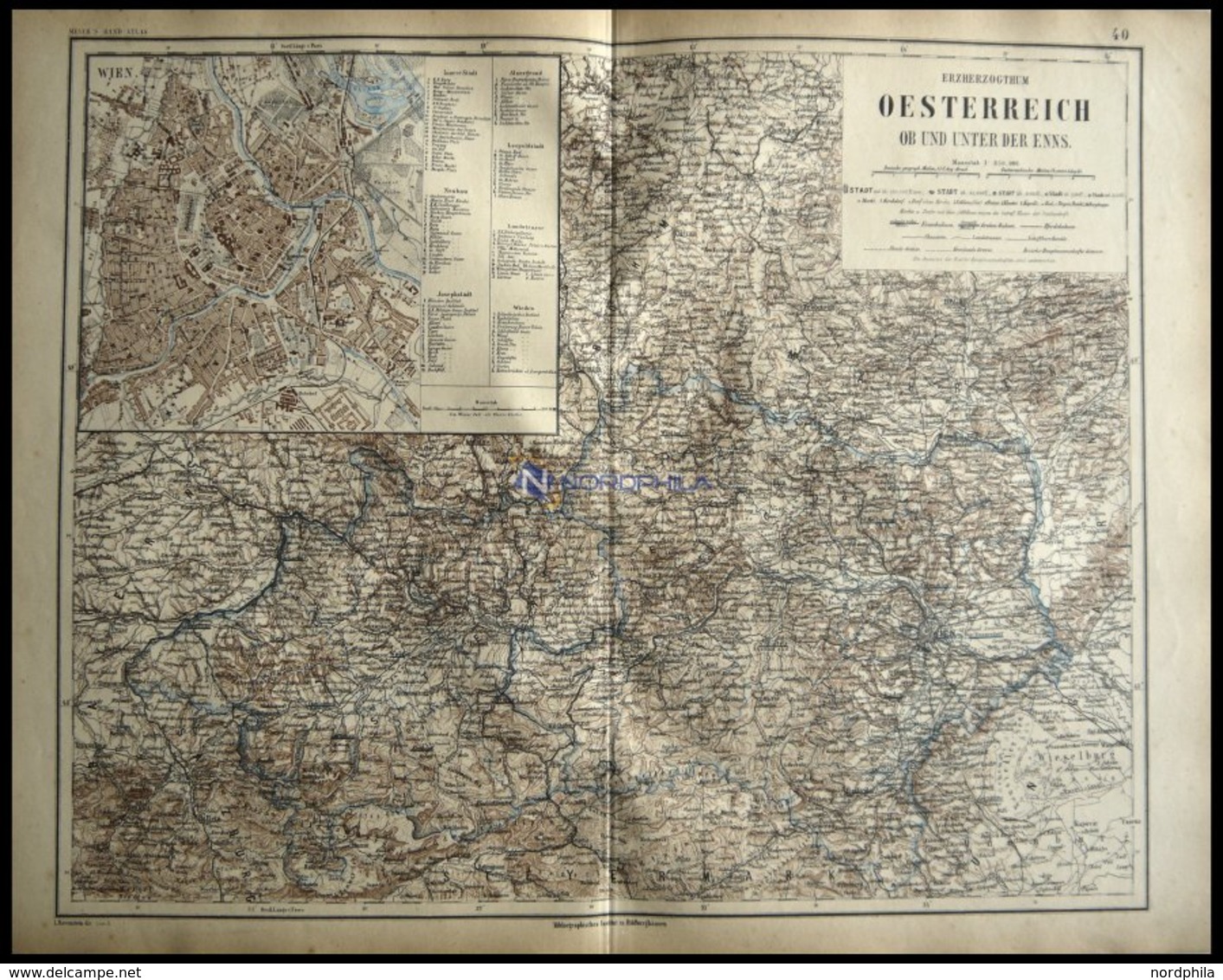 Generalkarte Ob Und Unter Der Enns Mit Grundrißplan Von Wien, Kolorierter Stahlstich Aus Meyers Hand-Atlas, 1875 - Autres & Non Classés