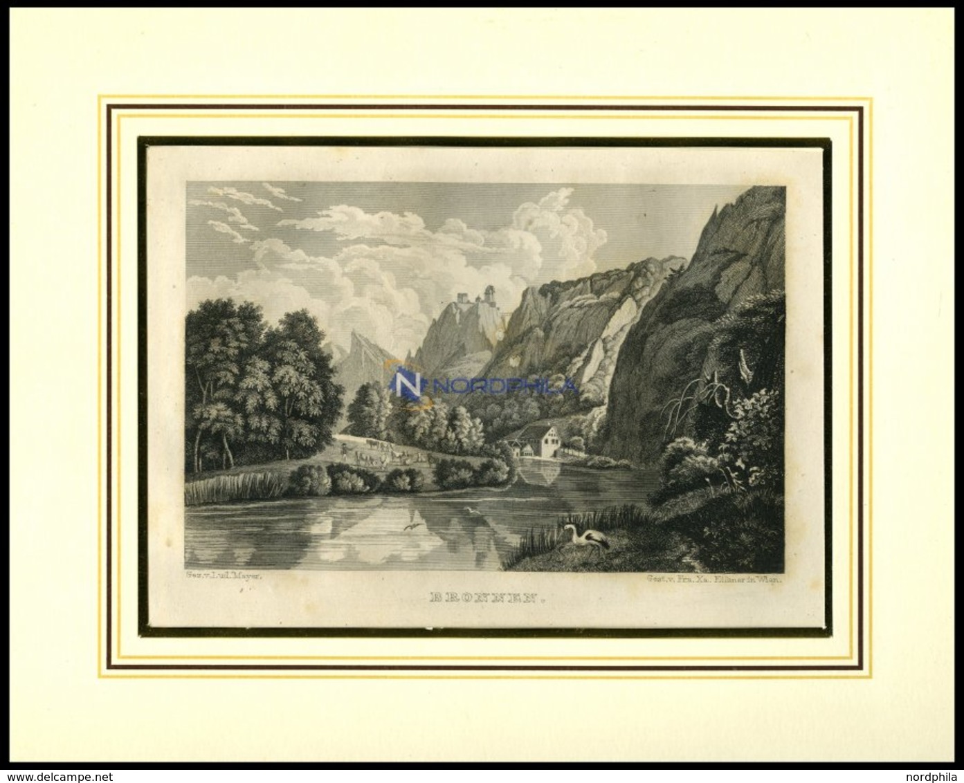 BRONNEN, Gesamtansicht, Stahlstich Von B.I. Um 1840 - Lithographien