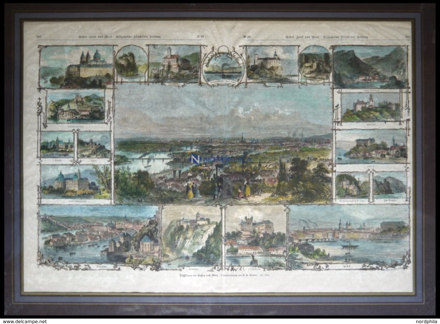 Die DONAU Von PASSAU Nach WIEN, 19 Ansichten Auf Einem Blatt, Kolorierter Holzstich Von Winkler Um 1880 - Litografia