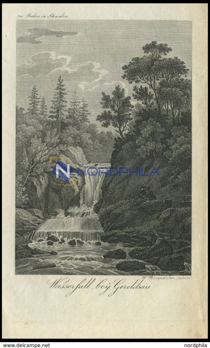 GEROLDSAU/Baden In Schwaben: Wasserfall Beim Ort, Landschaftsszenerie Mit Sitzenden Wanderern, Kupferstich Von F. Rosmäs - Litografia