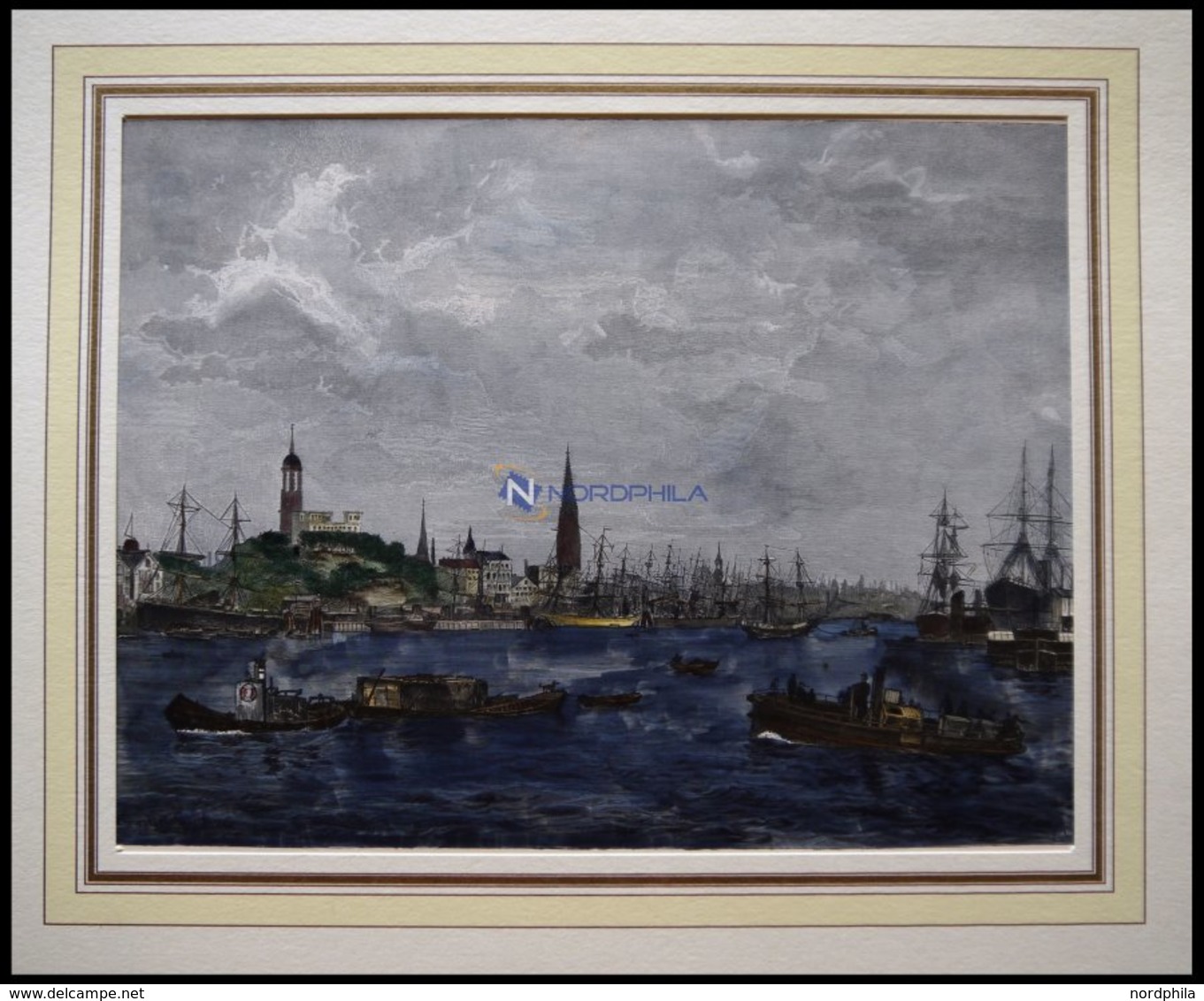 HAMBURG: Blick Auf Die Elbe Und Den Hamburger Hafen, Kolorierter Holzstich Von Gehrts Von 1881 - Litografía