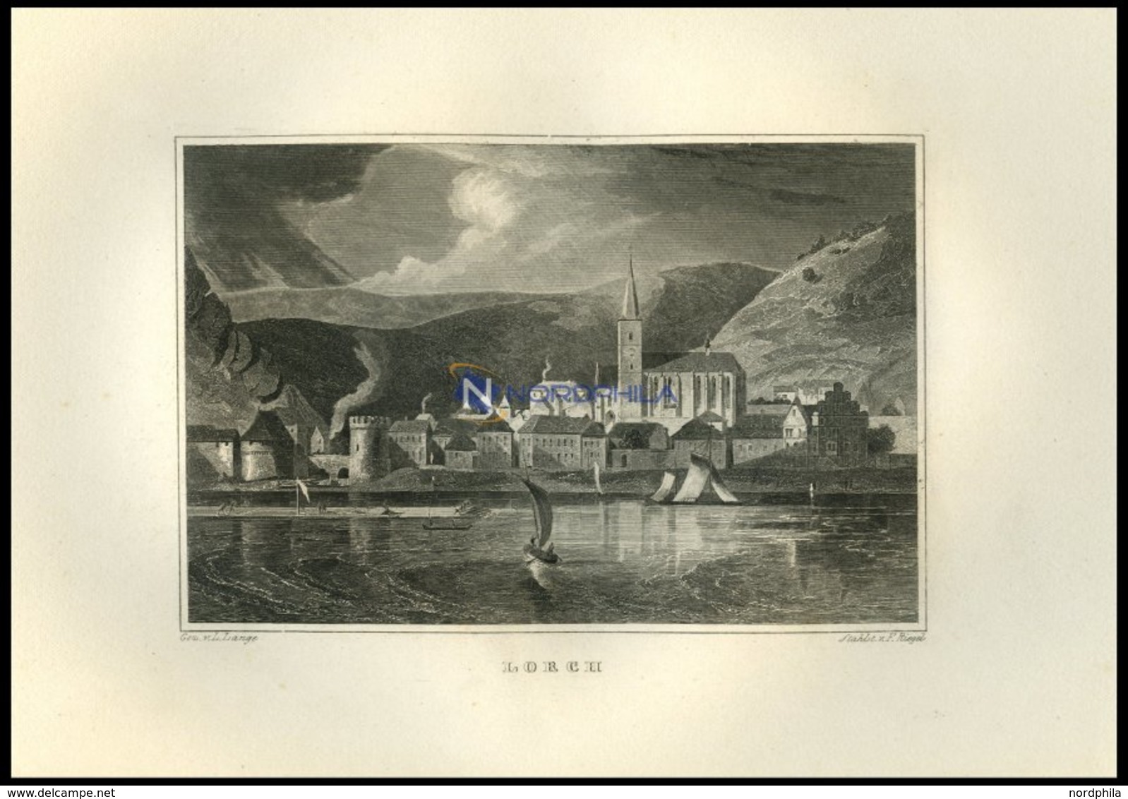 LORCH, Gesamtansicht übers Wasser Gesehen, Stahlstich Von Lange/Riegel Um 1850 - Lithographies