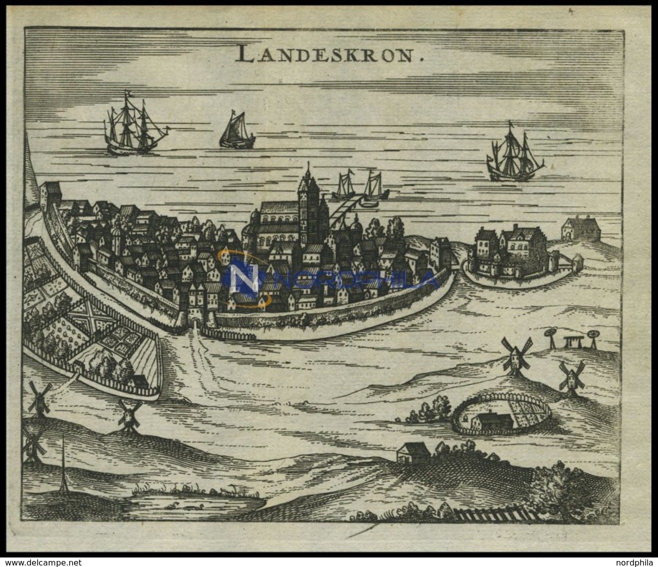 LANDSKRONA, Gesamtansicht Mit Reizender Schiffsstaffage, Kupferstich Von Zeiller 1655 - Litografía