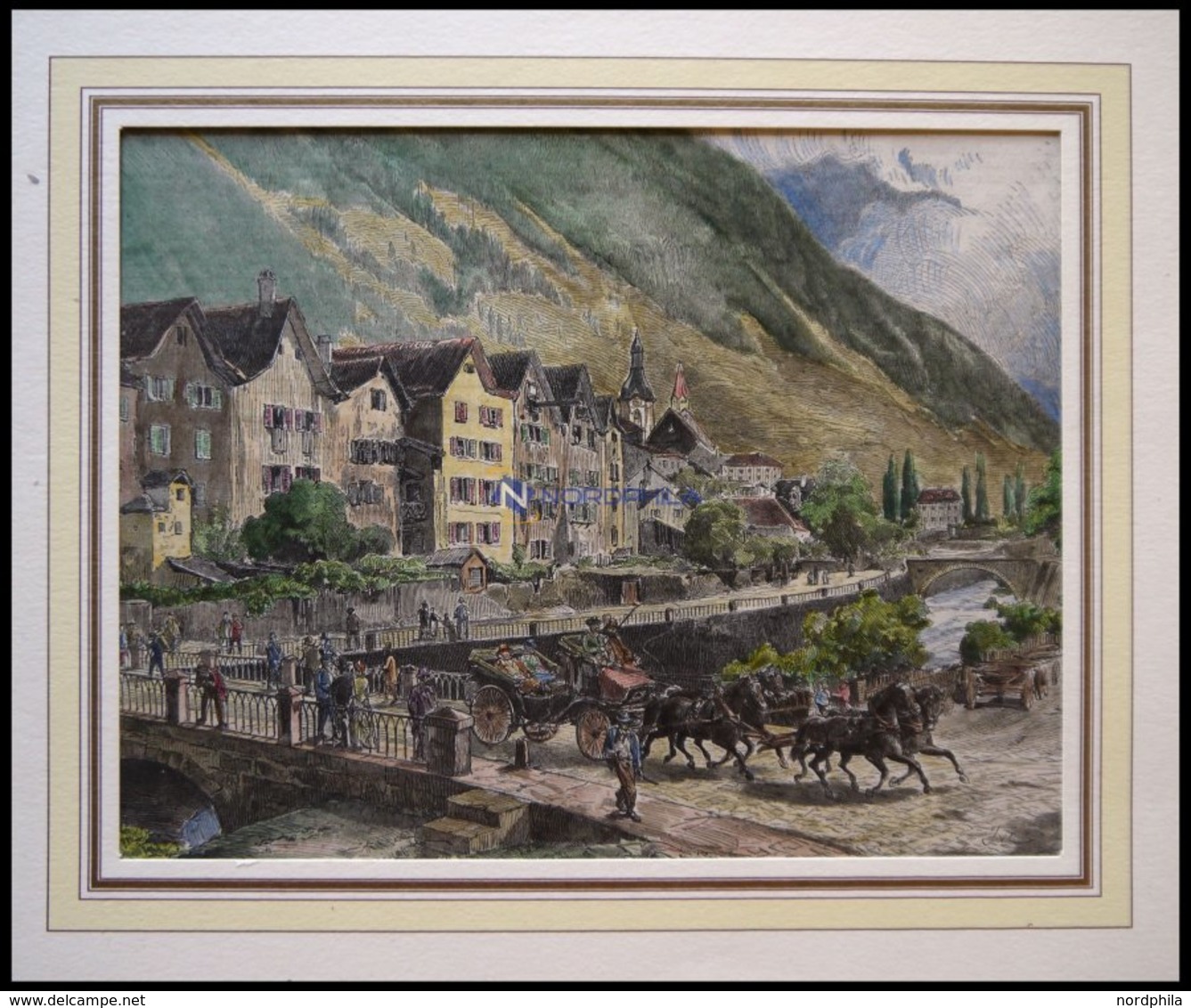 CHUR, Teilansicht Vom Hotel Steinbock Aus, Kolorierter Holzstich Von 1880 - Lithographies