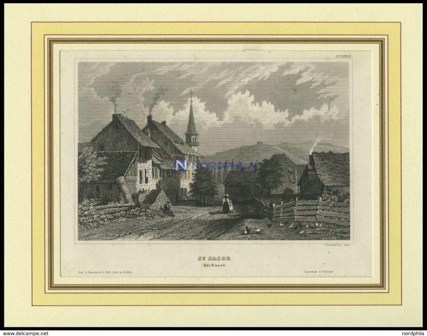 ST. JACOB B. BASEL, Gesamtansicht, Stahlstich Von B.I. Um 1840 - Lithographies